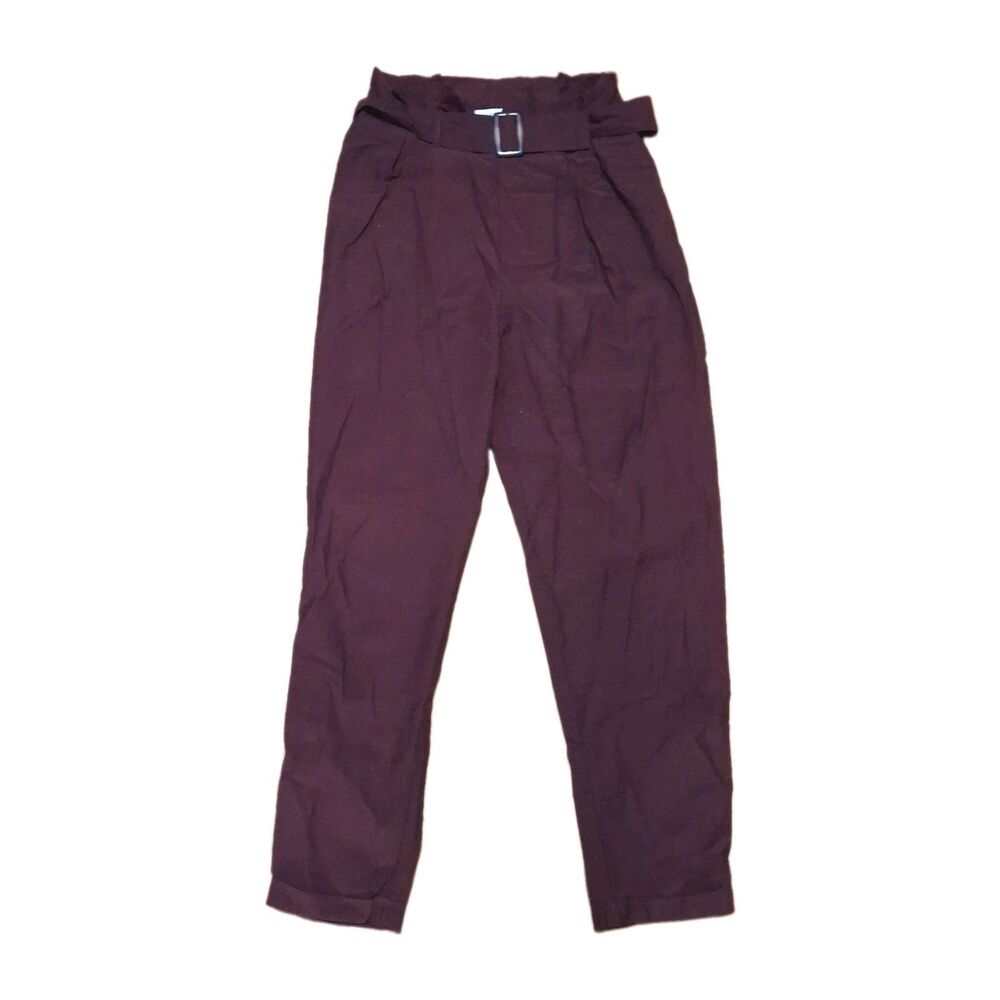 the good jane belted pants womens maroon high waist paperbag trousers pleated